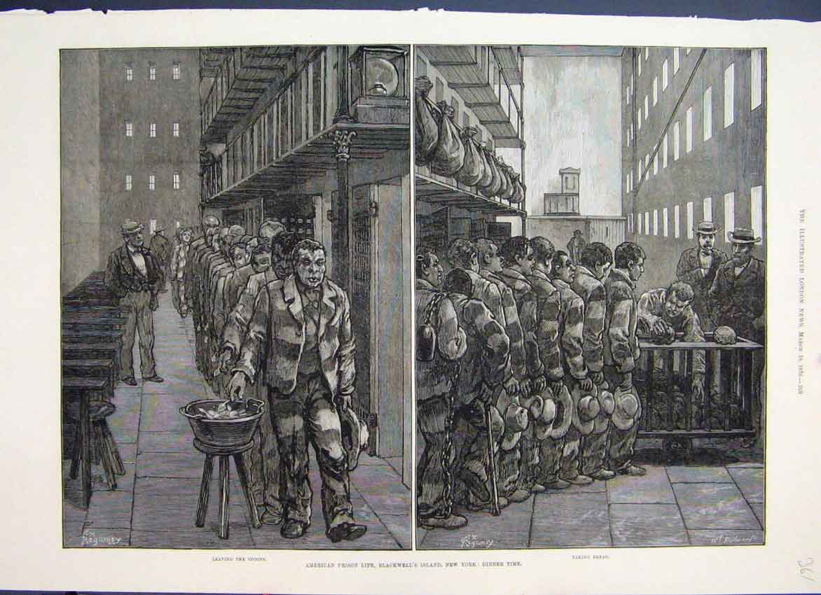 Original Old Antique Print 1876 American Prison Life Blackwell Dinner Time 19th