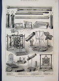 Original Old Antique Print 1876 Apparatus Drake Galileo Newton Davy Dalton 19th