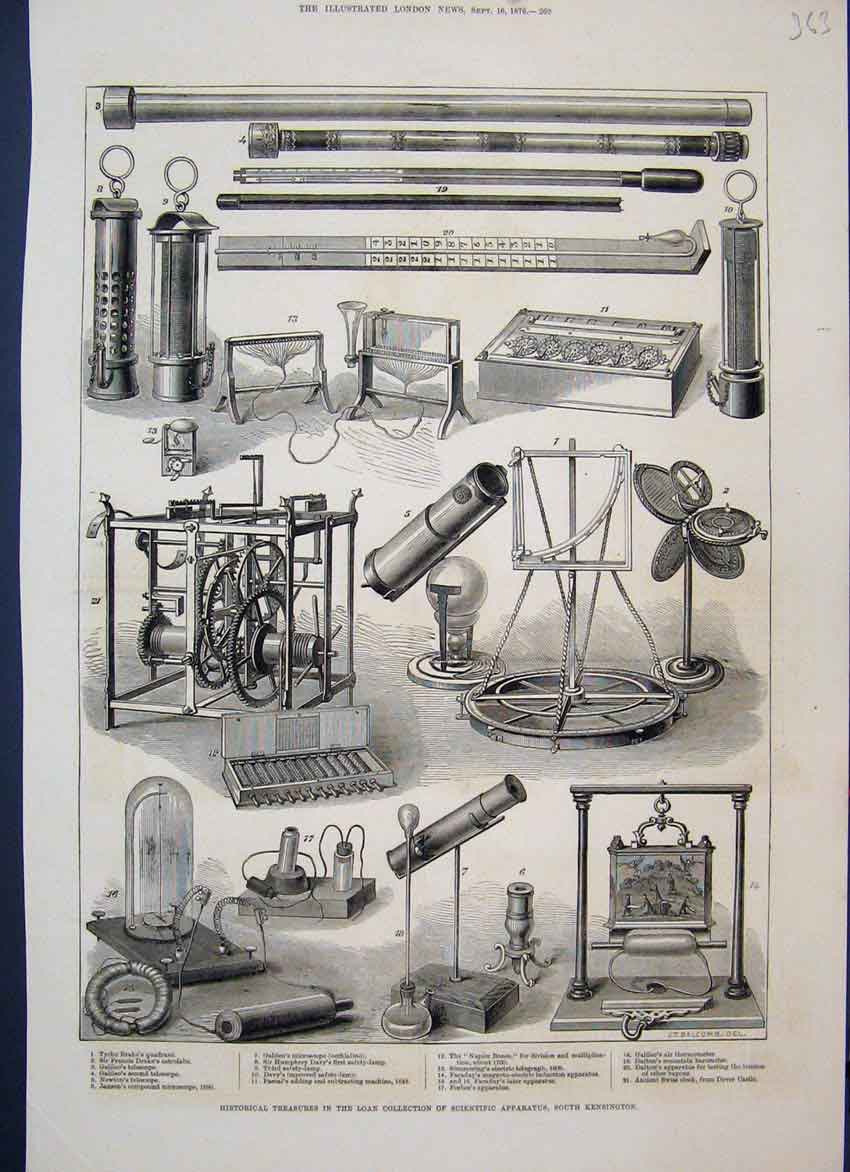 Original Old Antique Print 1876 Apparatus Drake Galileo Newton Davy Dalton 19th