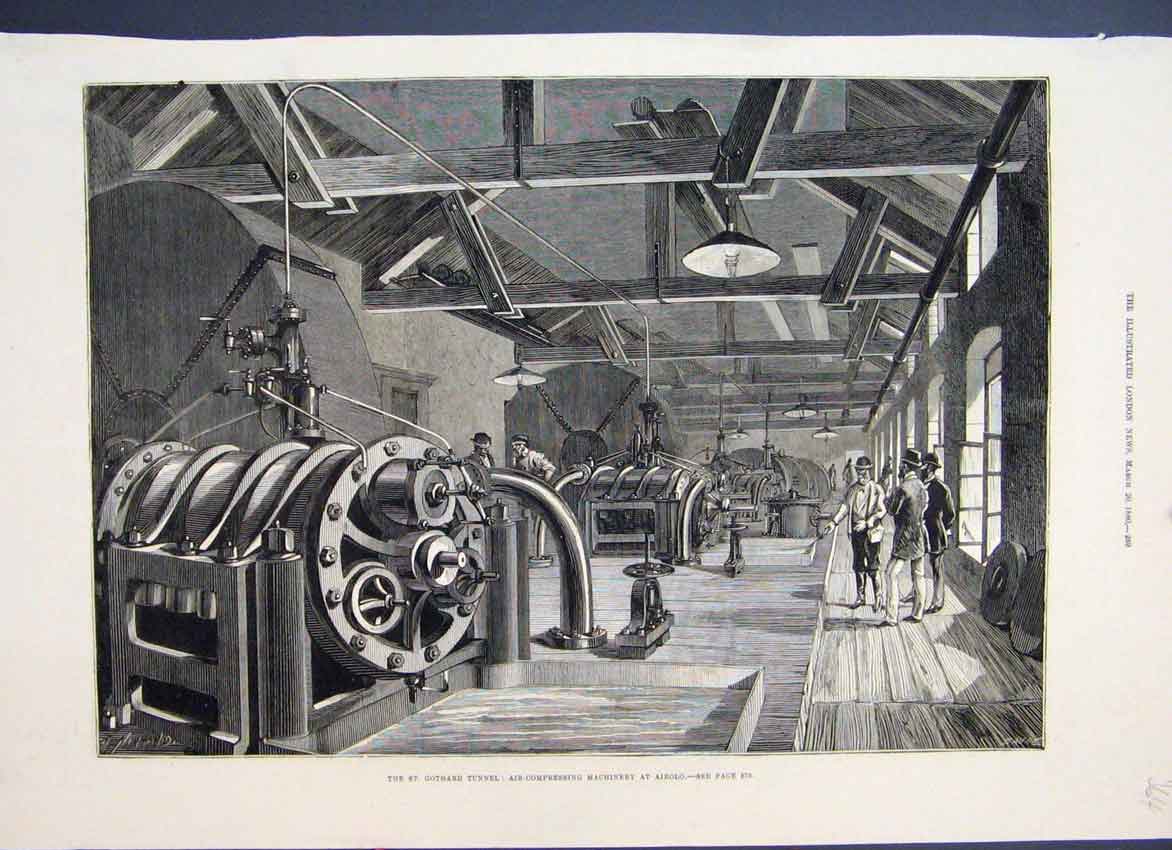 Original Old Antique Print 1880 St Gothard Tunnel Air Compresion Machinery 19th