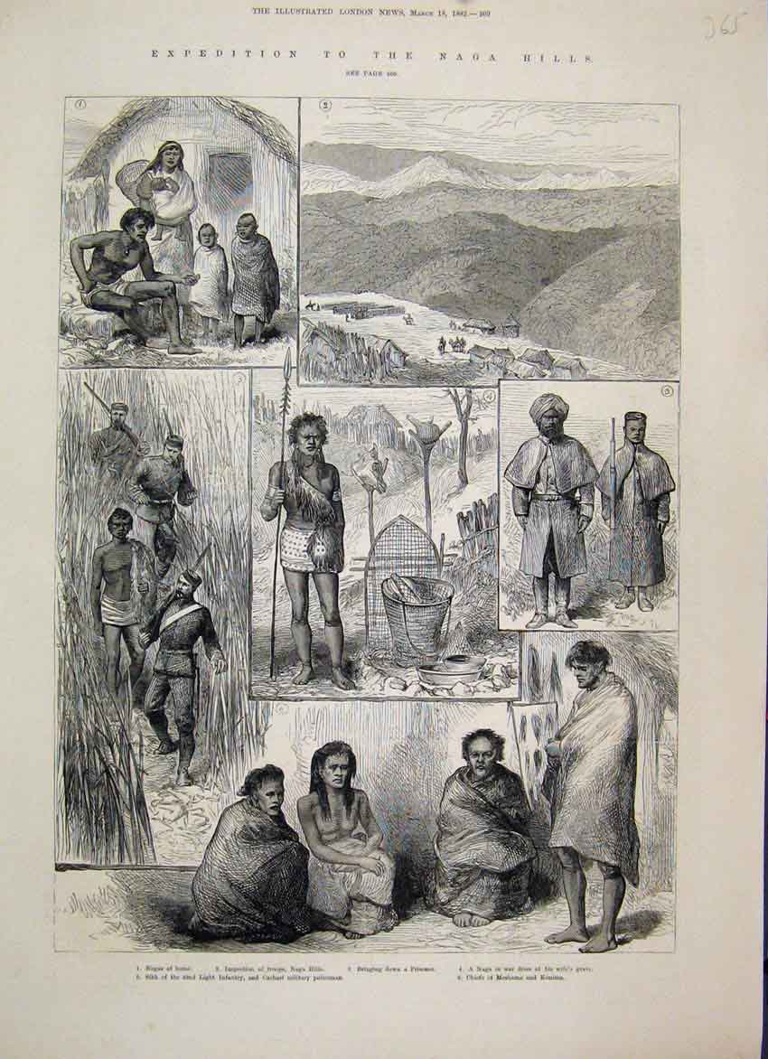 Original Old Antique Print 1882 Naga Hills War Dress Grave Cachari Policeman