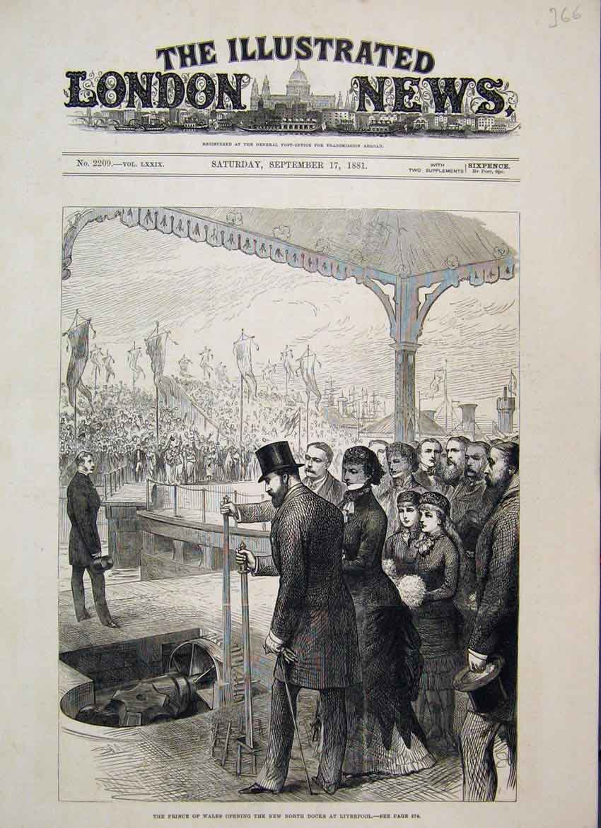Original Old Antique Print 1881 Prince Opening New North Docks Liverpool 19th
