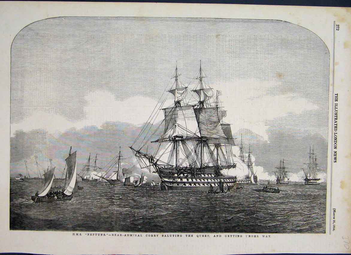 Original Old Antique Print 1854 Neptune Rear Admiral Corry Saluting Victorian