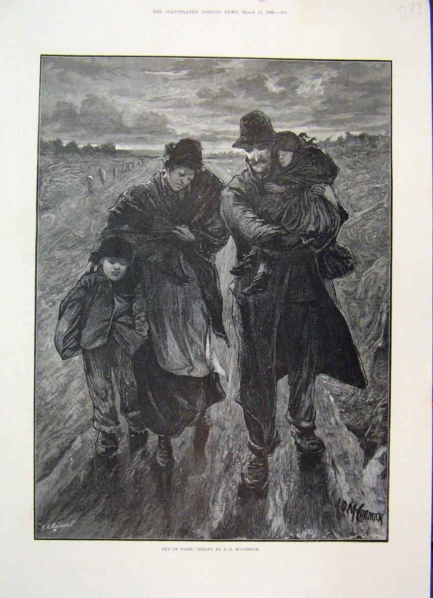 Original Old Antique Print 1886 Out Work Drawn A D M'Cormick Poverty Children