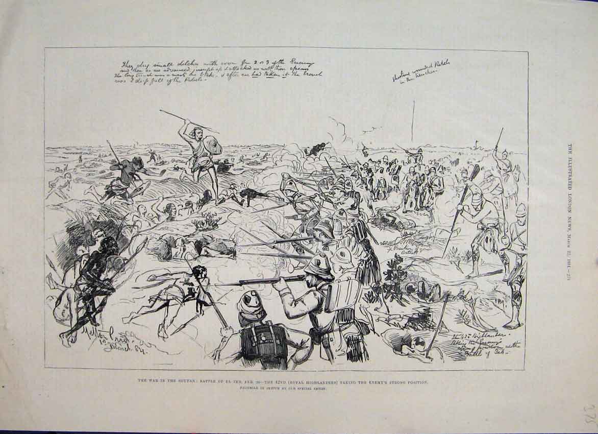 Original Old Antique Print 1884 Soudan Battle El Teb 42Nd Royal Highlanders 19th