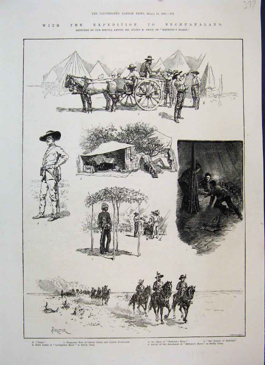 Original Old Antique Print 1885 Expedition Bechuanaland Price Methuens Horse