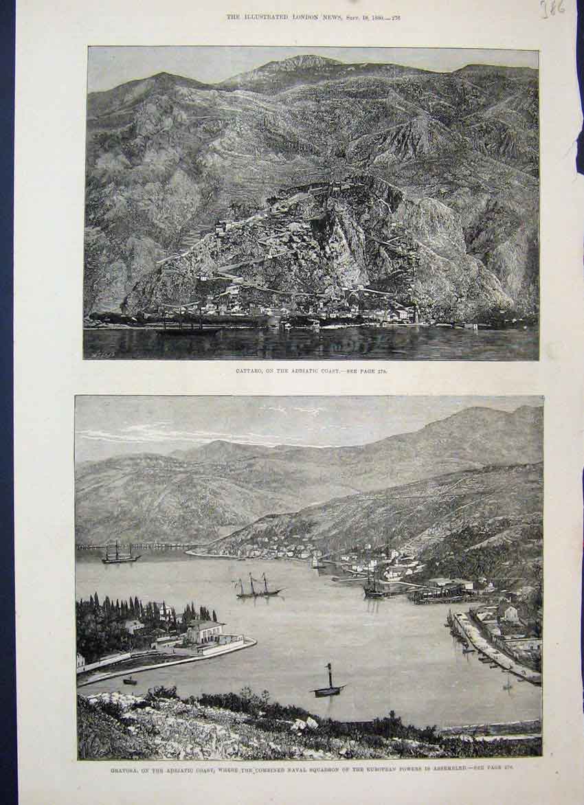Original Old Antique Print 1880 Cattaro Adriatic Coast Gravosa Naval Squad 19th