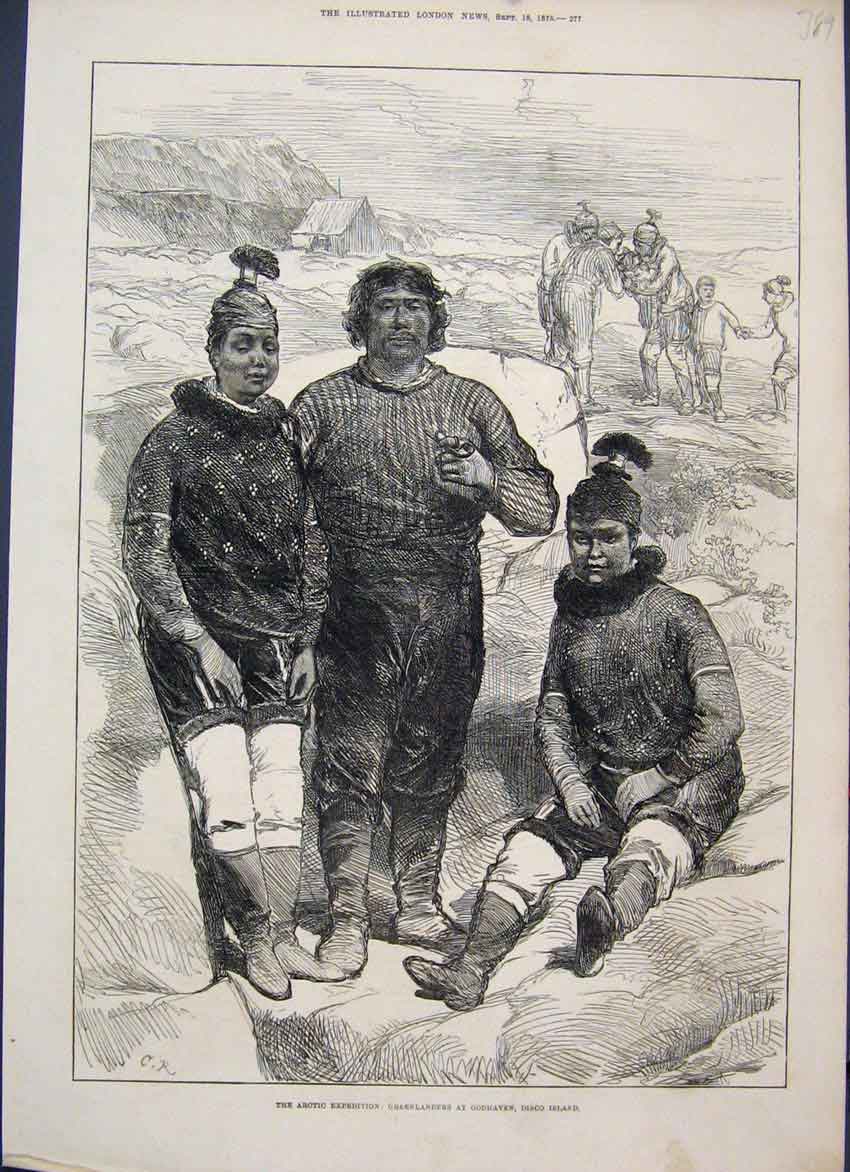 Original Old Antique Print 1875 Artic Greenlanders Godhaven Disco Island 19th