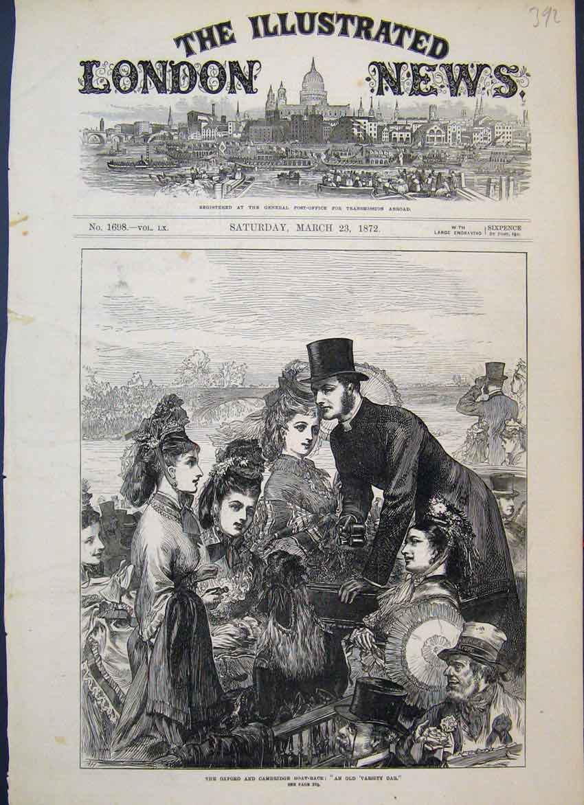 Original Old Antique Print 1872 Oxford Cambridge Boat Race Varsity Oar Victorian