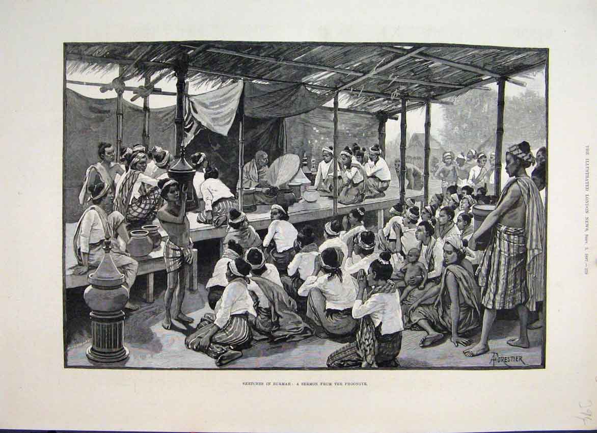 Original Old Antique Print 1887 Sketches Burnah Sermon From Phoongye Victorian