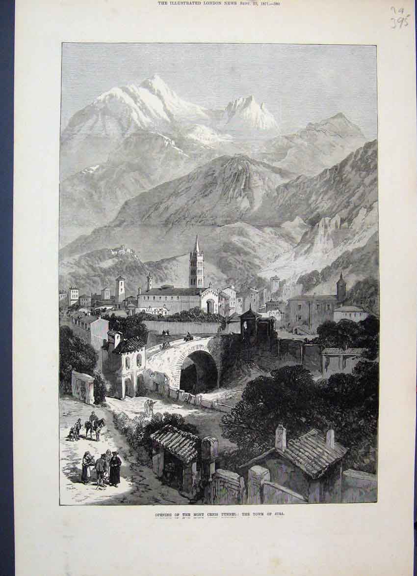 Original Old Antique Print 1871 Opening Mont Cenis Tunnel Susa Hannibals Pass?