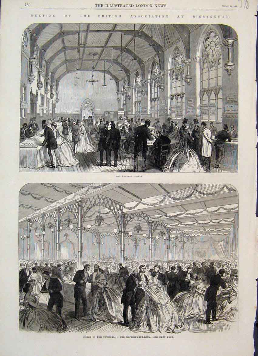 Original Old Antique Print 1865 British Association Birmingham Soiree Victorian