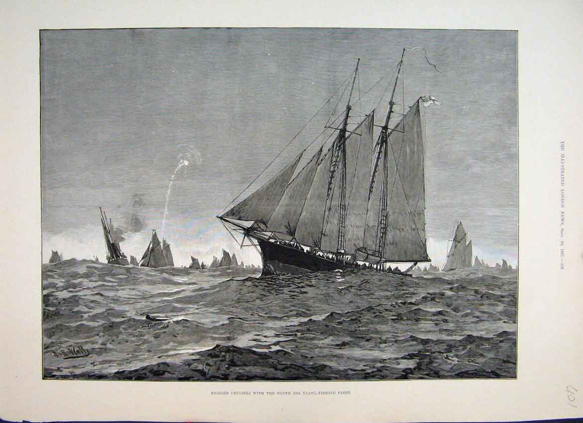 Original Old Antique Print 1887 English Cruisers North Sea Trawl Fishing Fleet