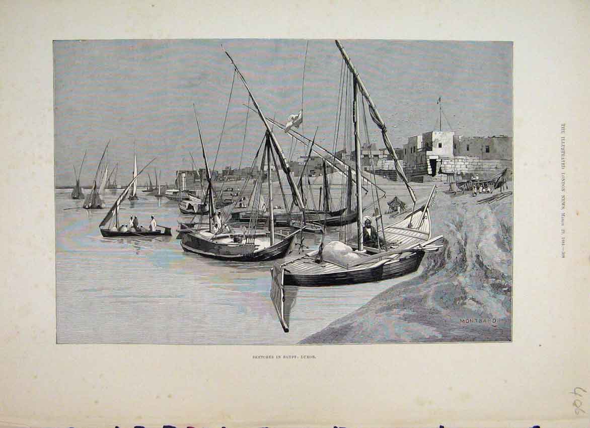 Original Old Antique Print 1884 Sketches Egypt Luxor Fishing Boats Seashore 19th
