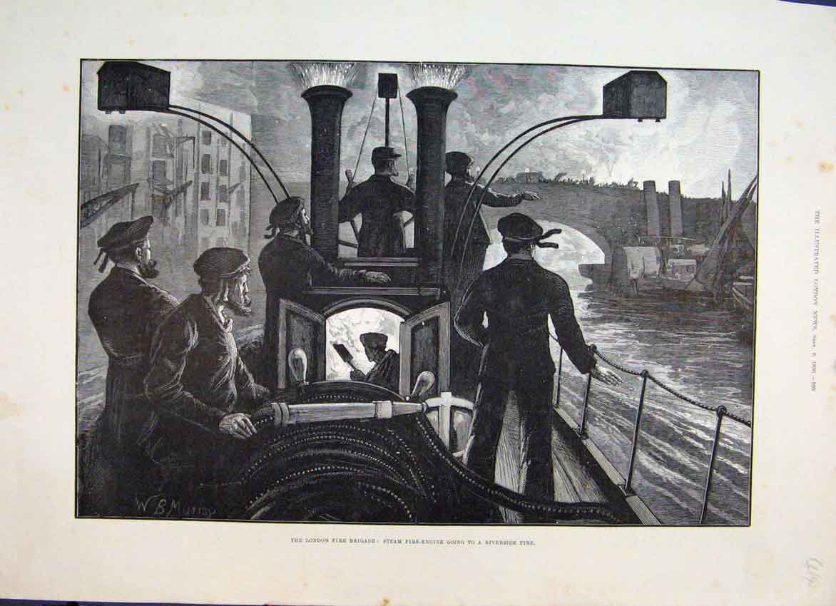 Original Old Antique Print 1890 London Fire Brigade Steam Engine Riverside 19th