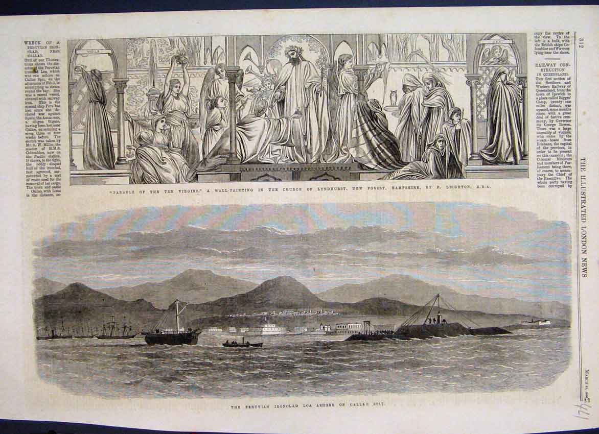 Original Old Antique Print 1868 Parable Ten Virgins Wall Paintings Loa Ashore