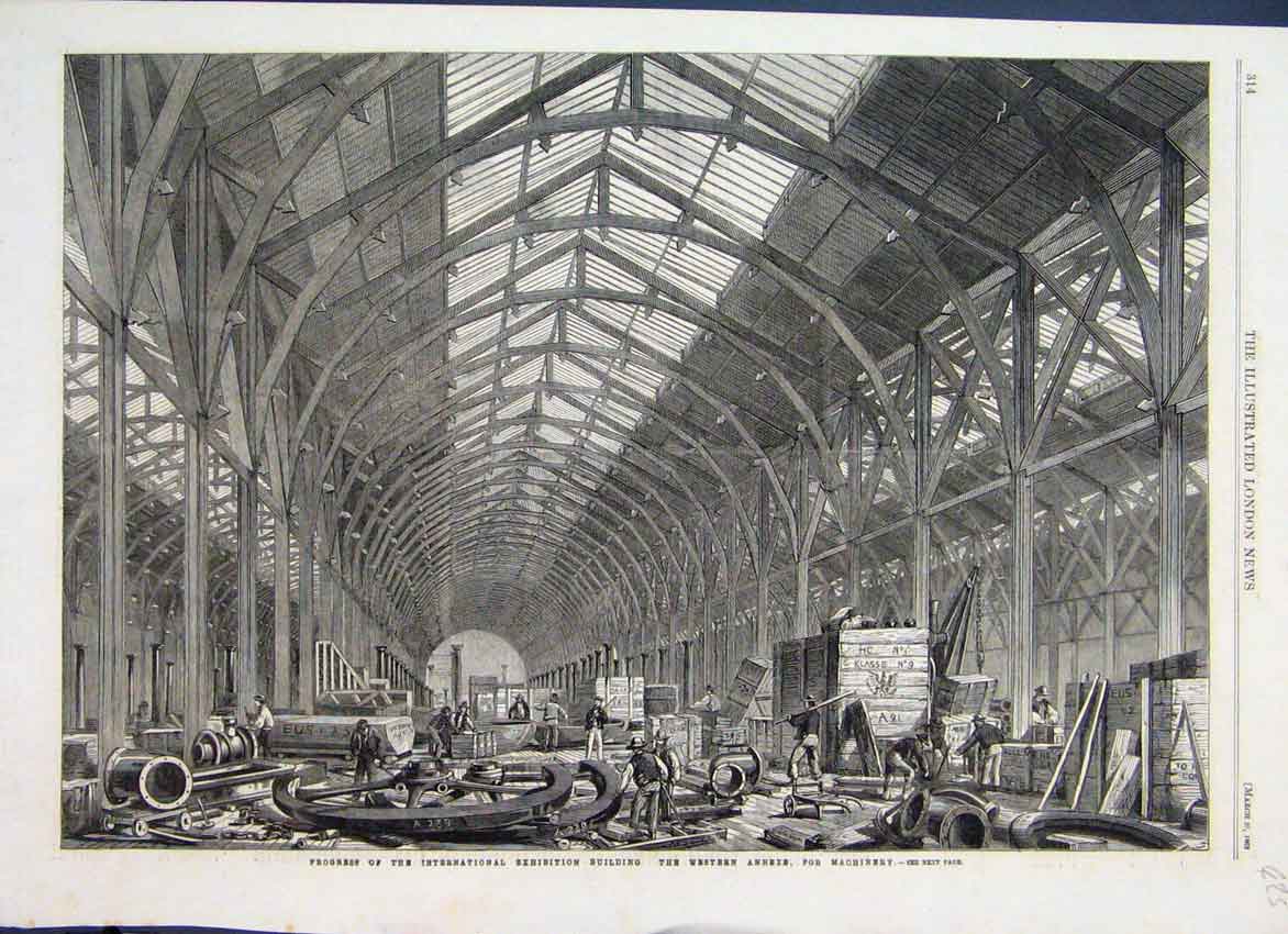 Original Old Antique Print 1862 Western Annexe Exhibition Building Progress 19th