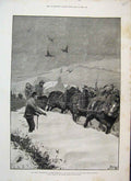Original Old Antique Print 1886 Snowstorm Northumberland Alnwick Horses 19th