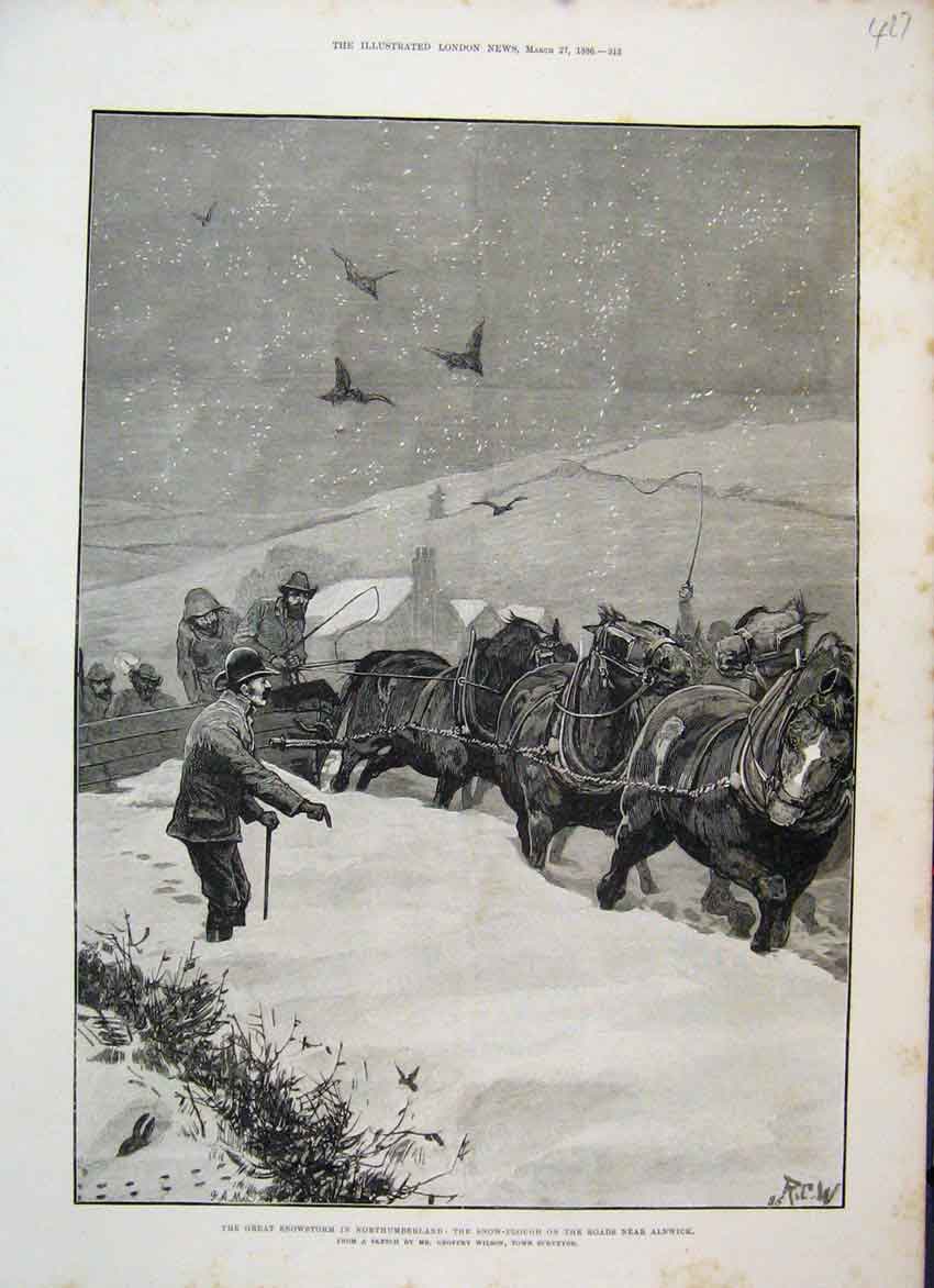 Original Old Antique Print 1886 Snowstorm Northumberland Alnwick Horses 19th