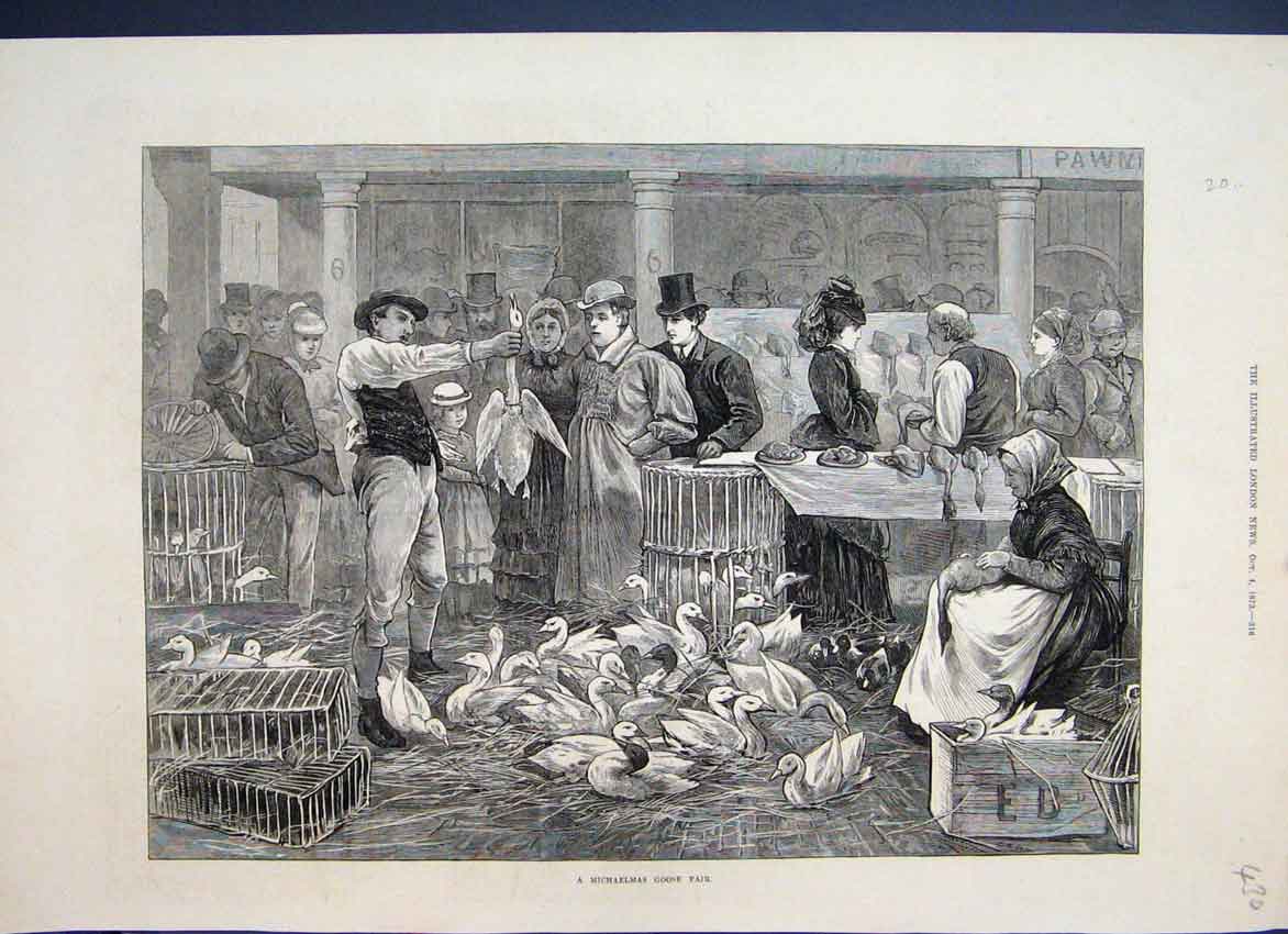 Original Old Antique Print 1873 Michaelmas Goose Fair Selling Geese Victorian