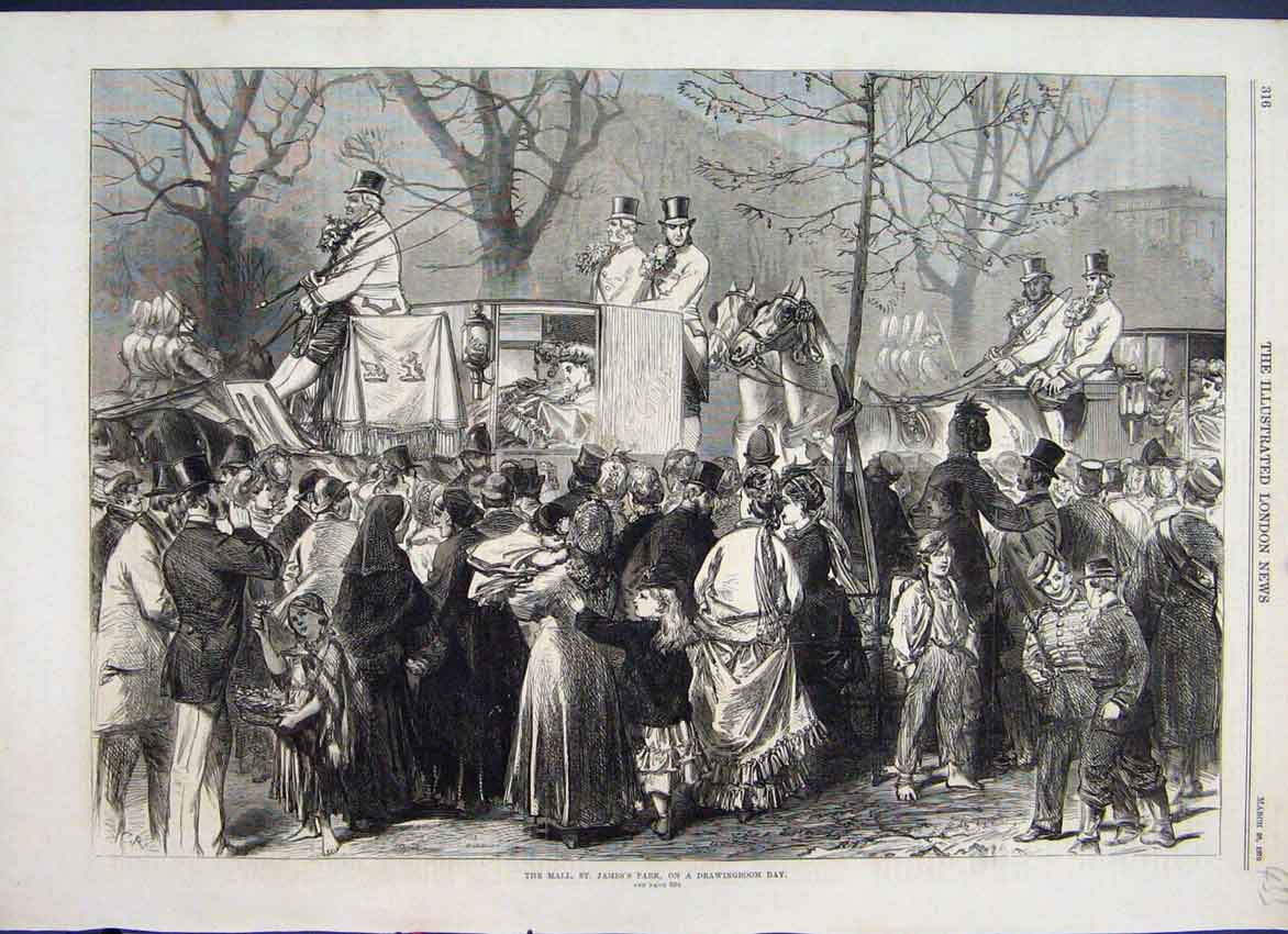 Original Old Antique Print 1870 The Mall St James Park Drawingroom Day Victorian