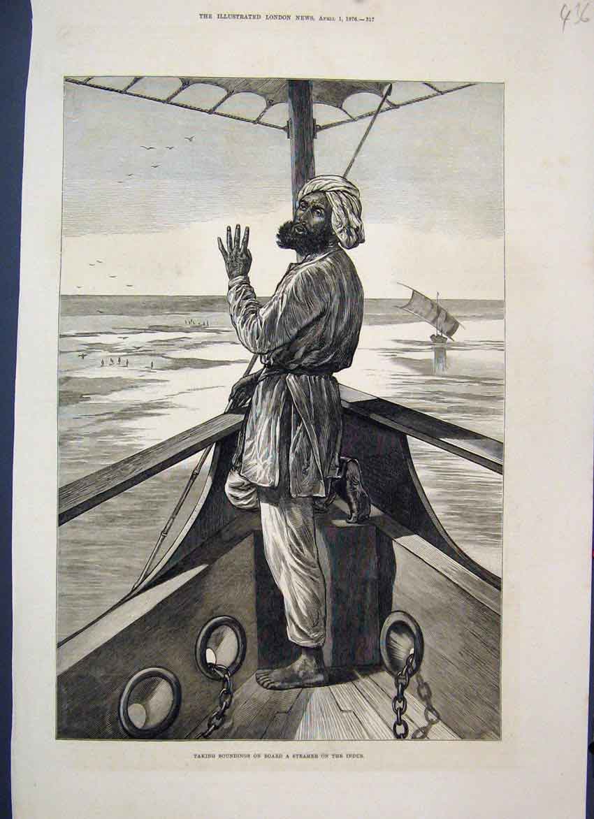 Original Old Antique Print 1876 Taking Soundings On Board Steamer Indur 19th
