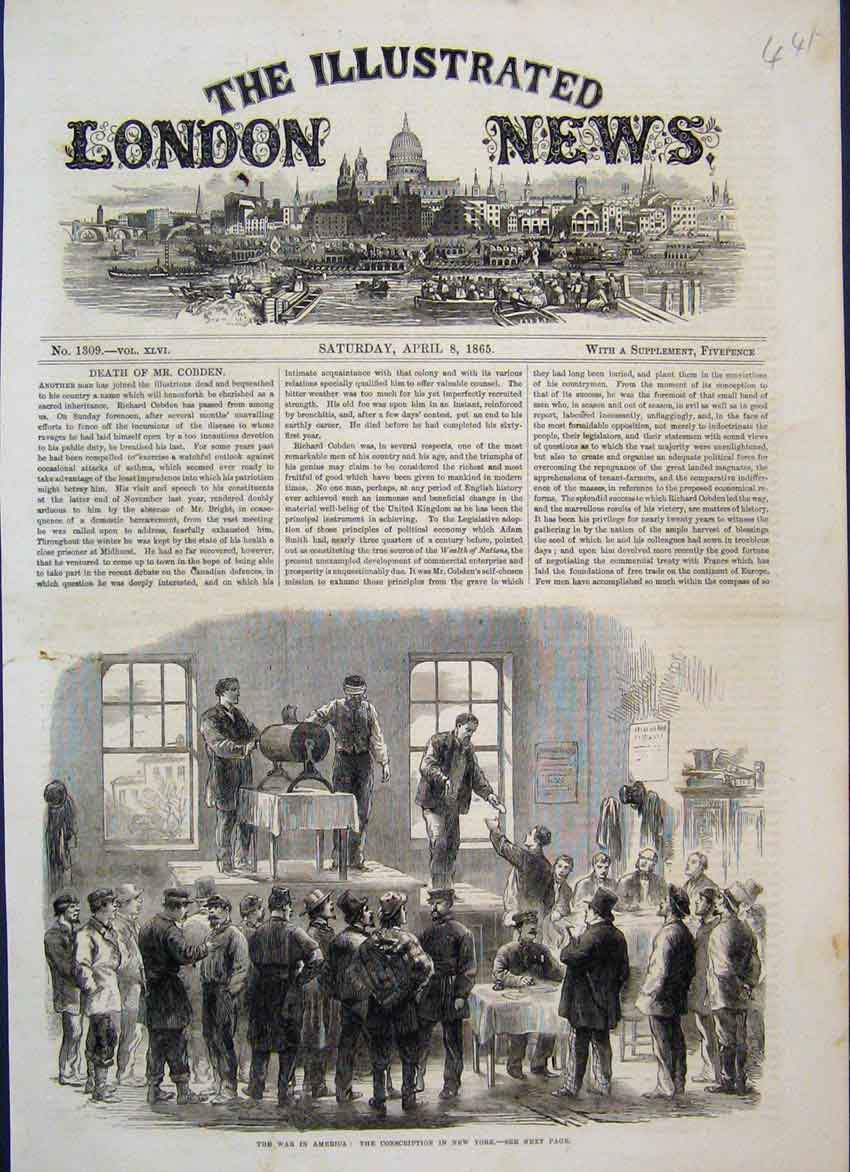 Original Old Antique Print 1865 War America Conscription New York 19th