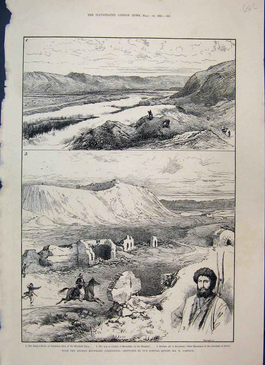 Original Old Antique Print 1885 Afghan Boundary Commission Murghab Kurban Ali
