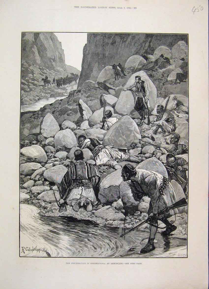 Original Old Antique Print 1882 Ambush By Insurgents In Mountain Pass Victorian