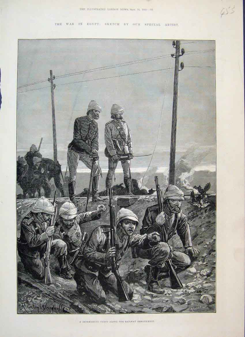 Original Old Antique Print 1882 Skirmishing Party Along Railway Embankment 19th