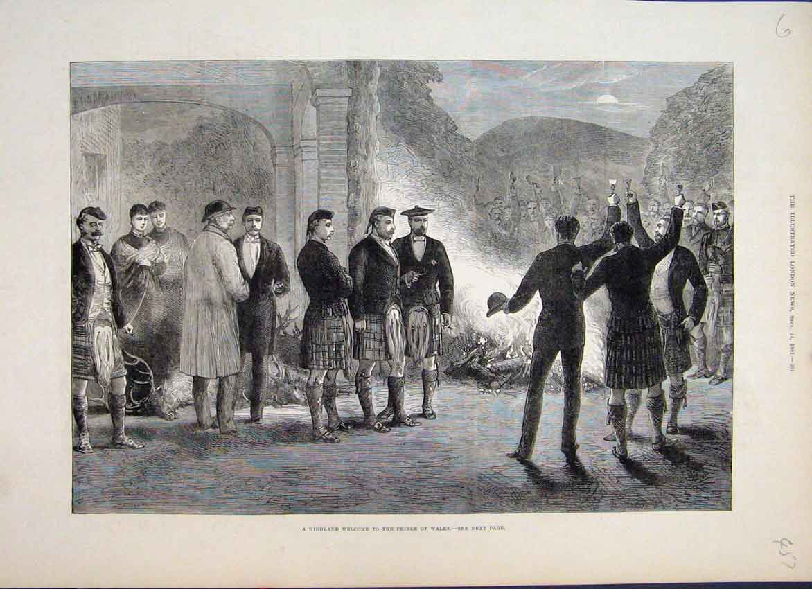 Original Old Antique Print 1881 Highland Welcome Prince Wales Kilts Fire 19th
