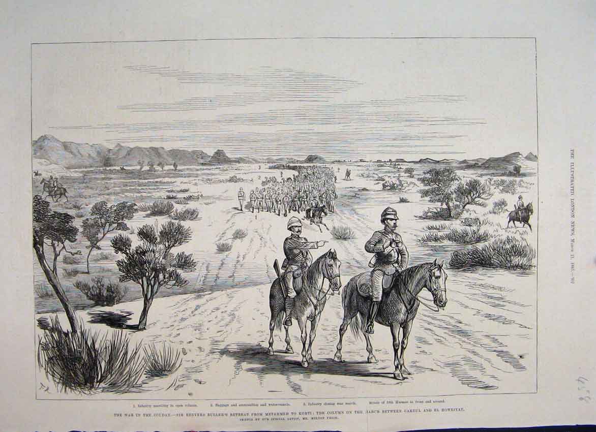 Original Old Antique Print 1885 Soudan Redvers Retreat Metammer Korti Victorian