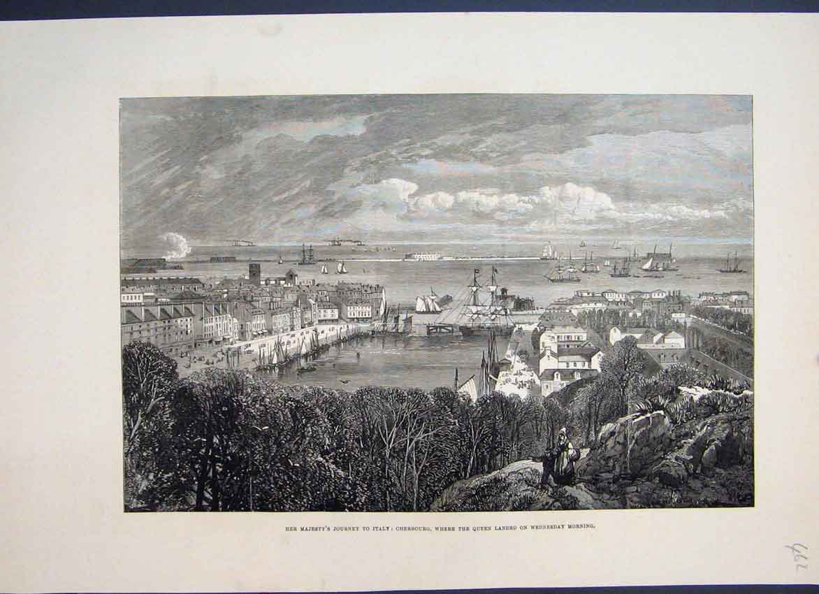 Original Old Antique Print 1879 Queens Journey Italy Landing Ship Cherbourg 19th