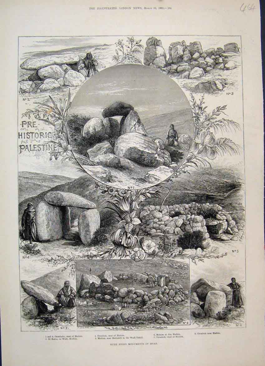 Original Old Antique Print 1883 Rude Stone Monuments Moar Pre Historic Palestine