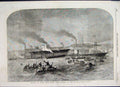 Original Old Antique Print 1856 Launch Three Steam Vessels Newcastle On Tyne