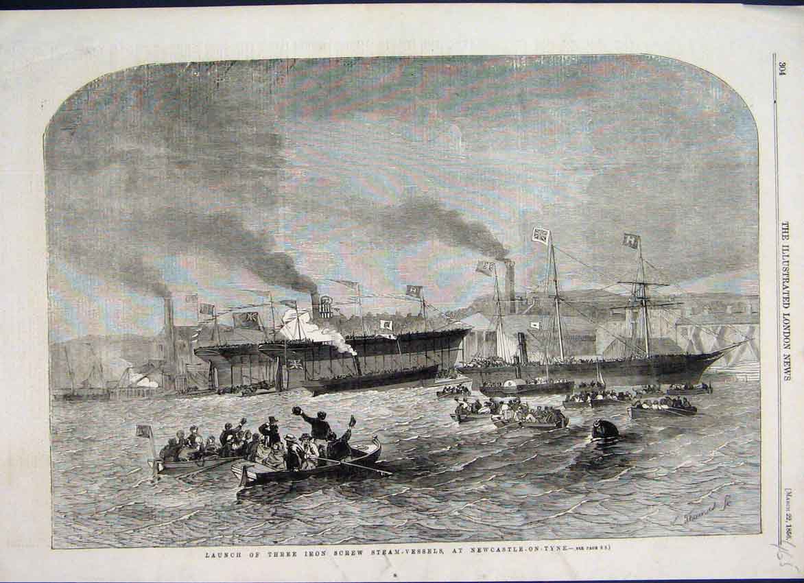 Original Old Antique Print 1856 Launch Three Steam Vessels Newcastle On Tyne
