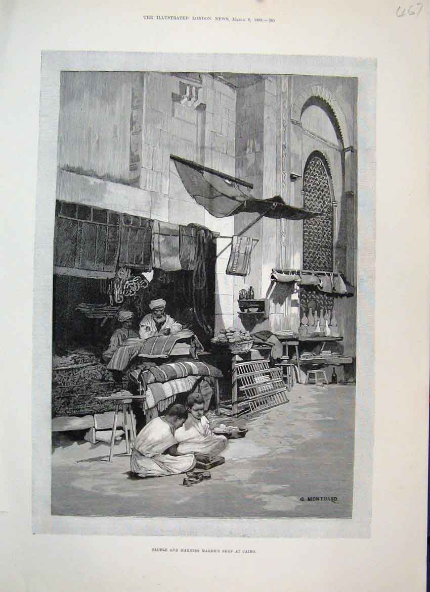 Original Old Antique Print 1889 Saddle Harness Makers Shop Cairo Montbard 19th
