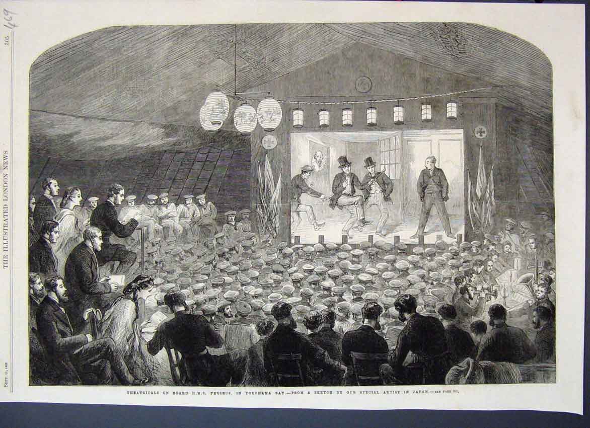 Original Old Antique Print 1863 Hms Perseus Yokohama Bay Play On Board Victorian