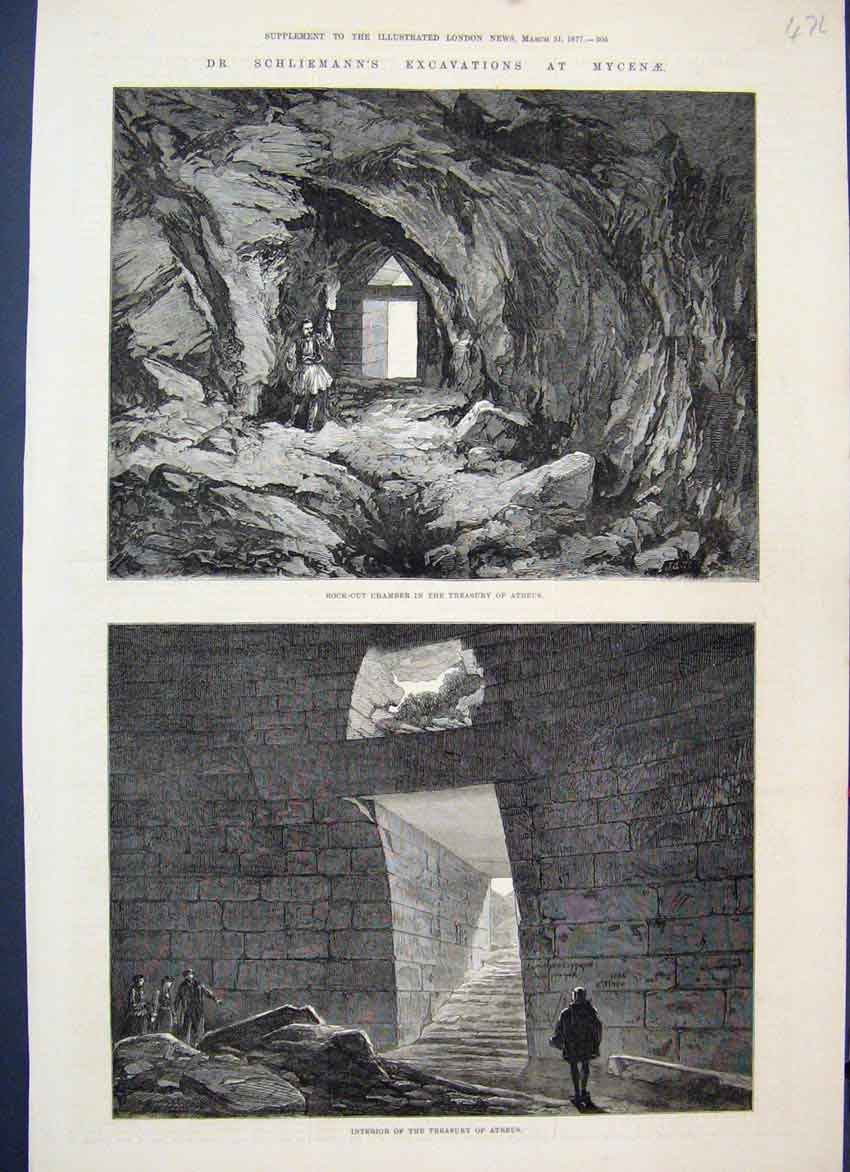 Original Old Antique Print 1877 Schliemann Excavation Mycene Chamber Atreus 19th
