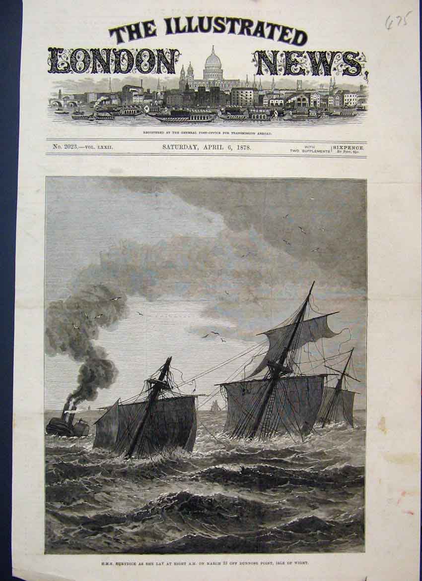Original Old Antique Print 1878 Royal Navy Eurydice Sinking Isle Wight Victorian