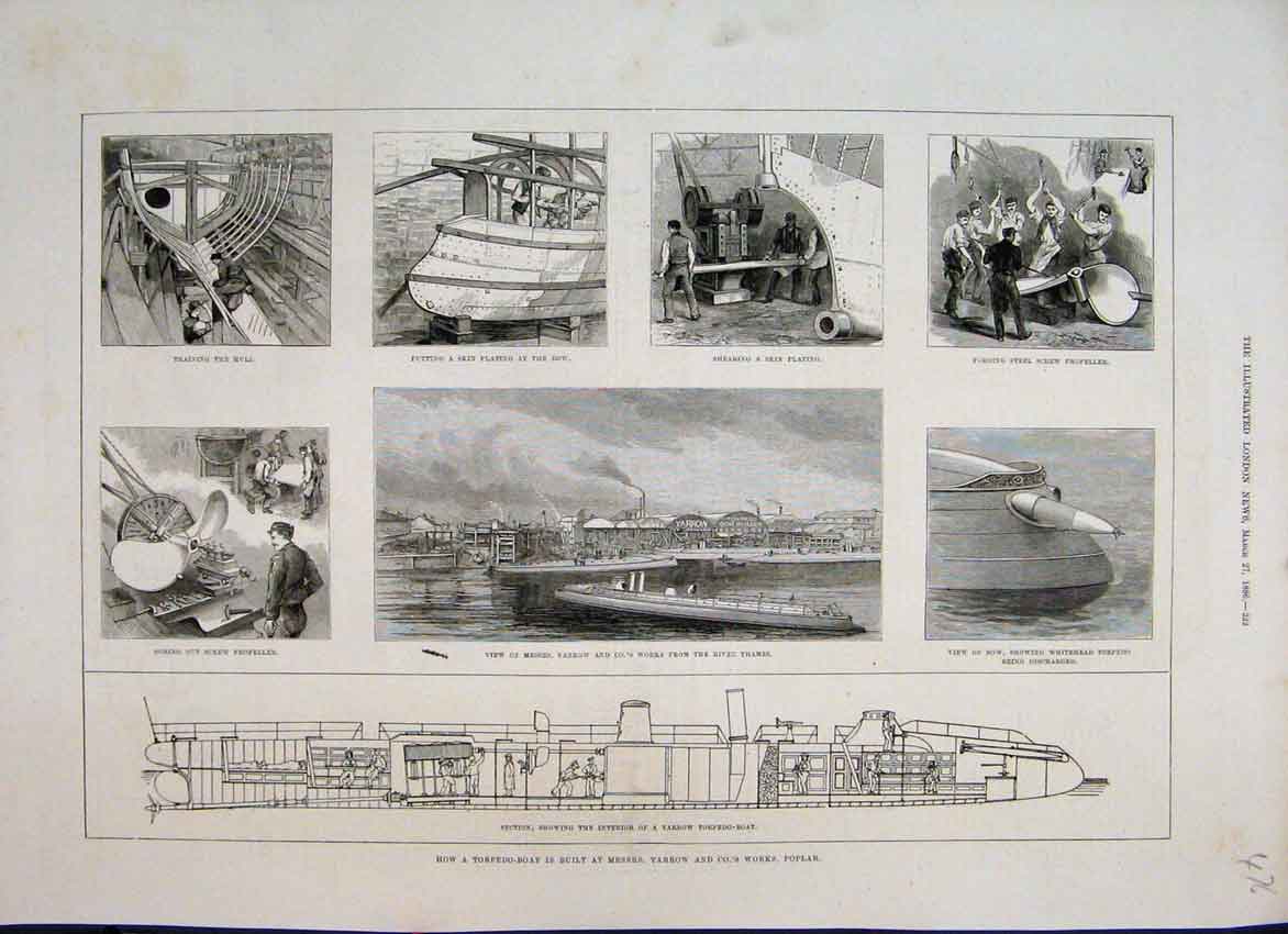 Original Old Antique Print 1886 Building Torpedo Boat Yarrow Works Poplar 19th