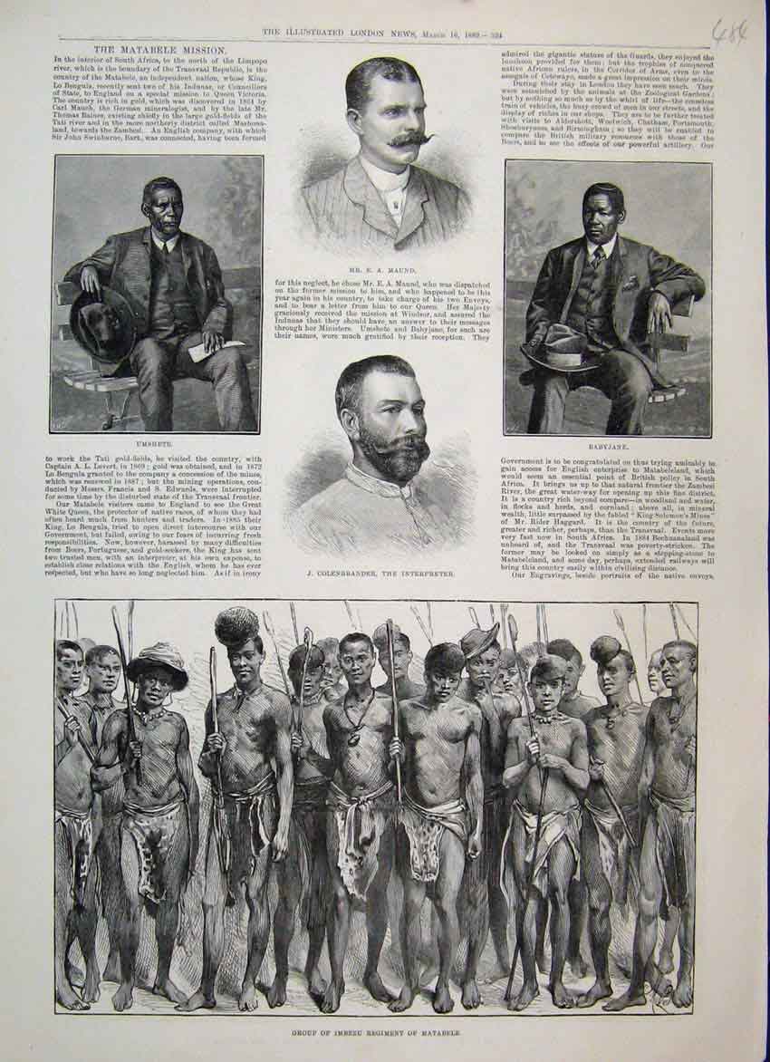 Original Old Antique Print 1889 Matabele Mission Imbezu Regiment Babyjane 19th