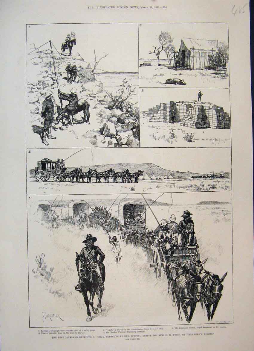Original Old Antique Print 1885 Bechuanaland Expedition Telegraph Section 19th