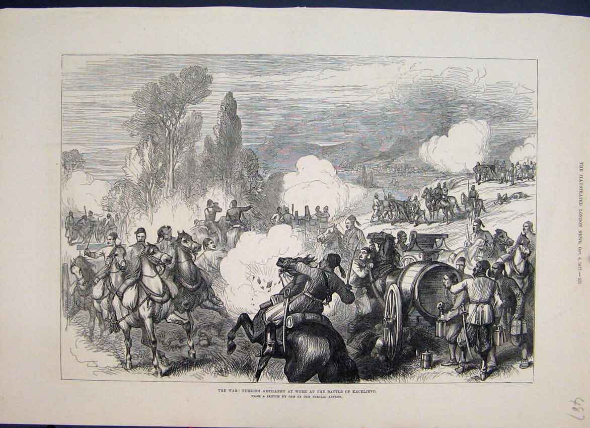 Original Old Antique Print 1877 Turkish Artillery Battle Kaceljevo Horse 19th