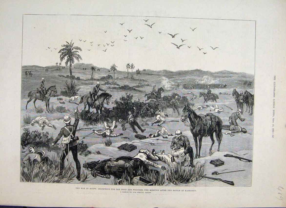 Original Old Antique Print 1882 Egypt Search War Dead Wounded Kassassin 19th