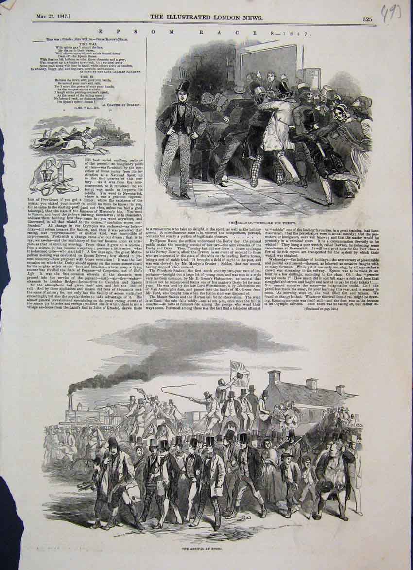 Original Old Antique Print 1847 Epsom Races Railway Struggle For Tickets 19th