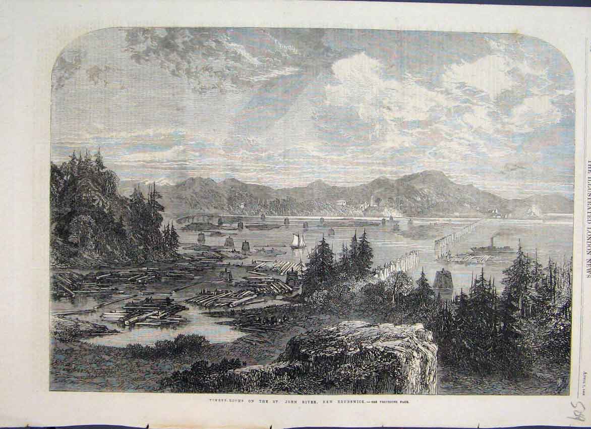 Original Old Vintage Print 1966 Timber Booms St John River New Brunswick 20th