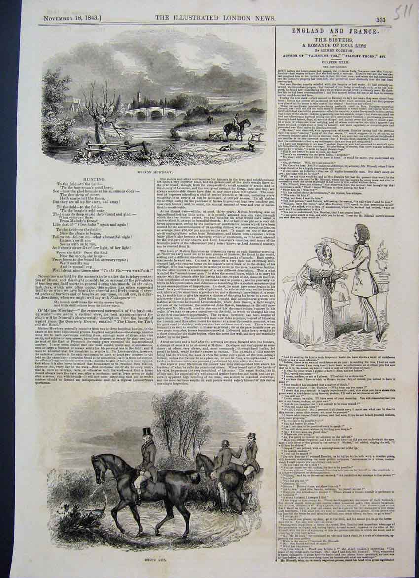 Original Old Antique Print 1843 Melton Mowbray Hunting Poem Horses Victorian