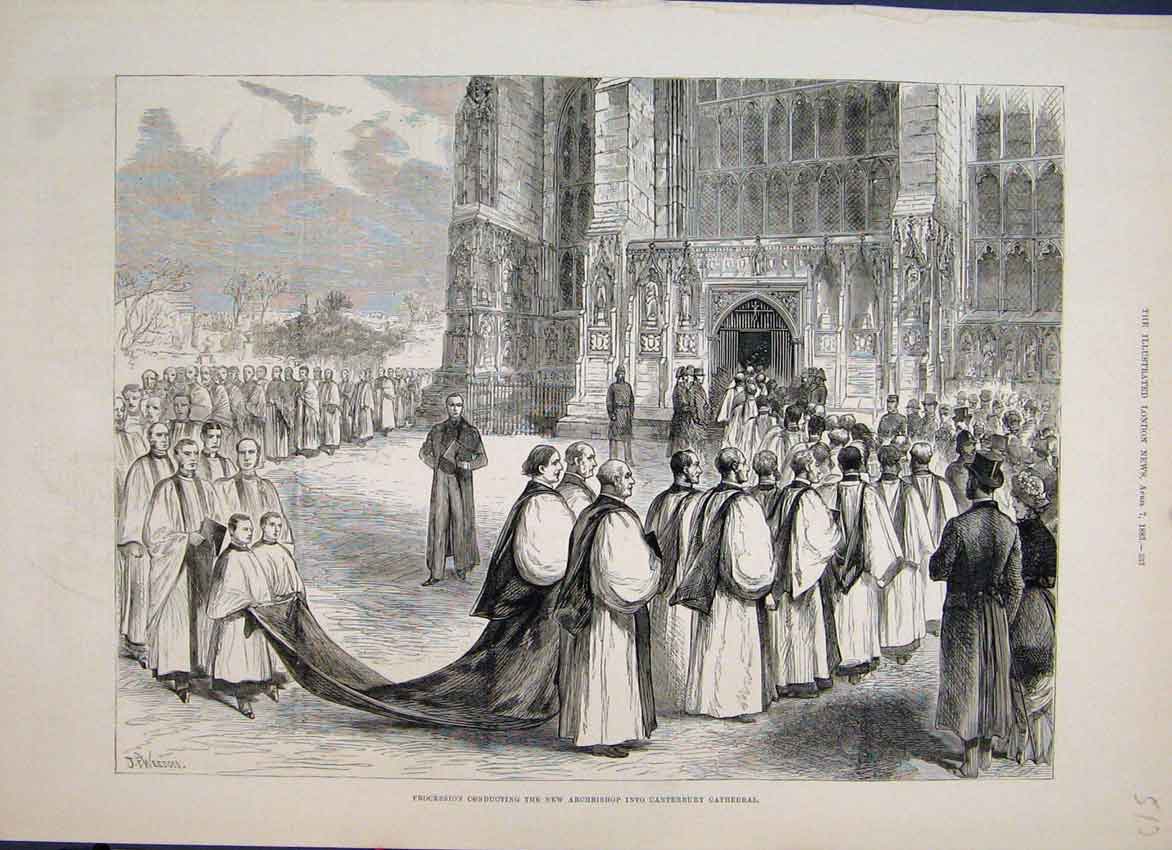 Original Old Antique Print 1883 Procession Conducting Archbishop Canterbury 19th