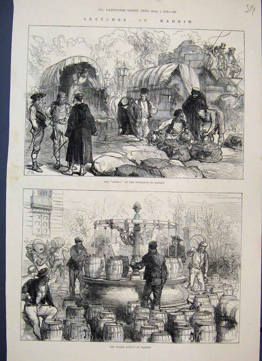 Original Old Antique Print 1876 Madrid Scenes Octroi Entrance Water Supply 19th